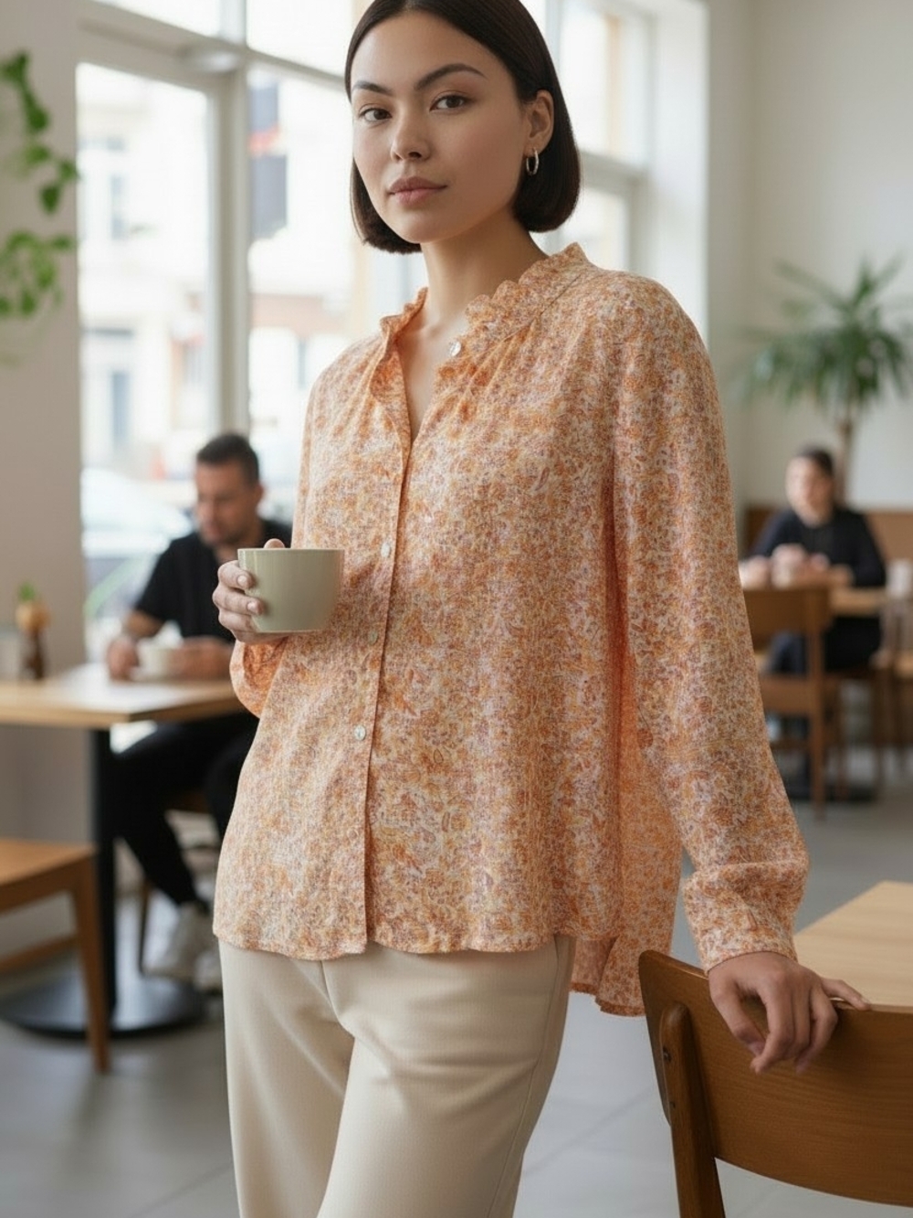 LOFT Peach Floral Button-Front Ruffle-Neck Blouse